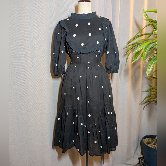 Banjanan Sara Black Midi Dress Polka Dot Short Sleeve Small Pockets - Picture 4 of 9